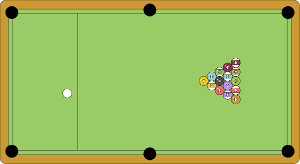 The image shows a pool table with balls scattered across it inside an indoor room.