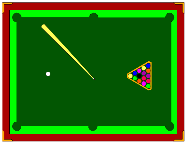 The image shows a pool table with red pockets on top of green felt, featuring three balls: two solid stripes (one yellow) in motion near each other at one end; an 8 ball positioned between them and slightly behind their line-of-sight path; and no cue stick. There is also a small triangle shape that resembles the number "15" on top left corner of table, suggesting it might be part of some game or scoreboard system not fully visible in this image. The background appears to have red borders with gold trim framing an area where additional