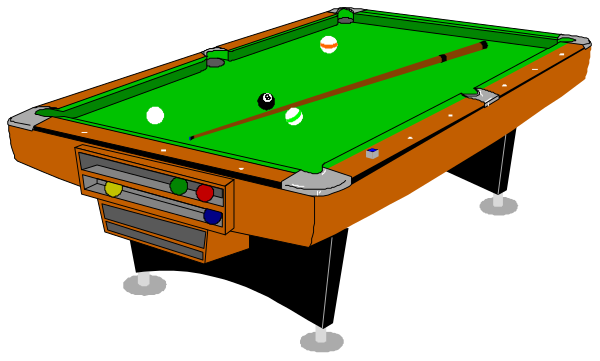 The image shows a pool table with balls on it next to two cue sticks; there is also an air hockey game in front of the billiards table featuring pucks and mallets.