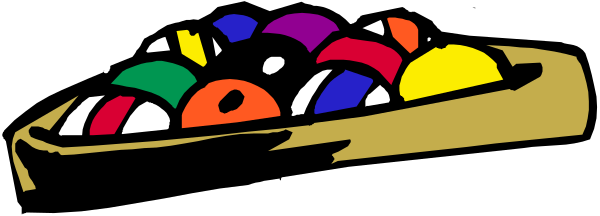 The image shows a cartoon depiction of an Easter basket filled with colorful eggs on top of what appears to be a table in front of it.