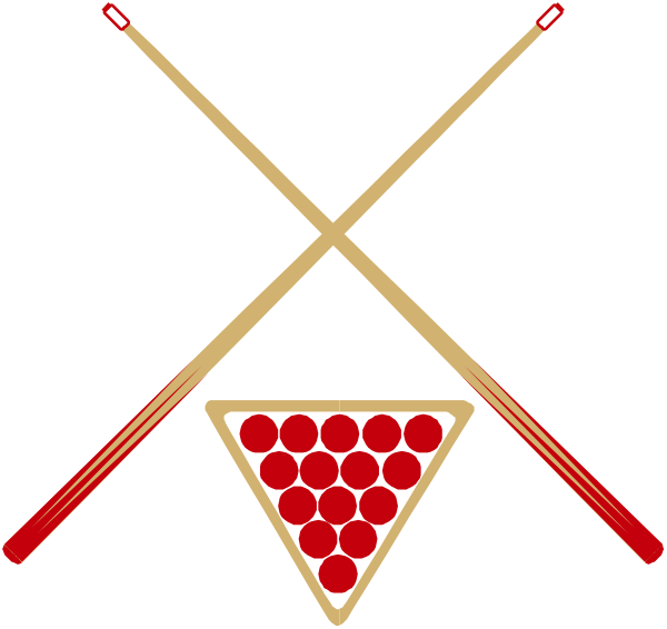 The image shows a stylized graphic of two red pool balls with black cues on either side forming an 'x' shape in front of them; above this arrangement is another set of three similar billiard balls and one additional ball, all within what appears to be a triangle-shaped frame.