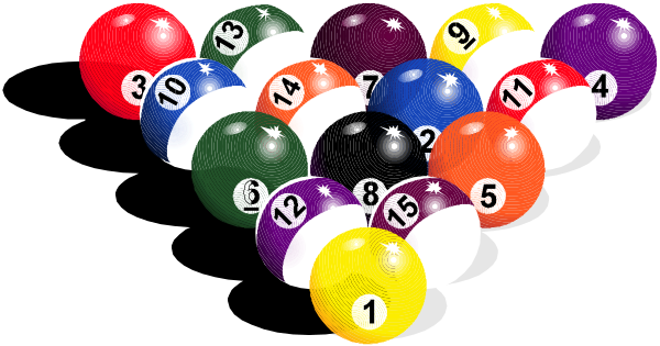 The image shows a collection of colorful pool balls arranged to resemble an arrangement for playing billiards with numbers on them indicating positions 1 through 9 around the table's pockets. There is no human, animal, action depicted in this clip-art style illustration set against a plain background.