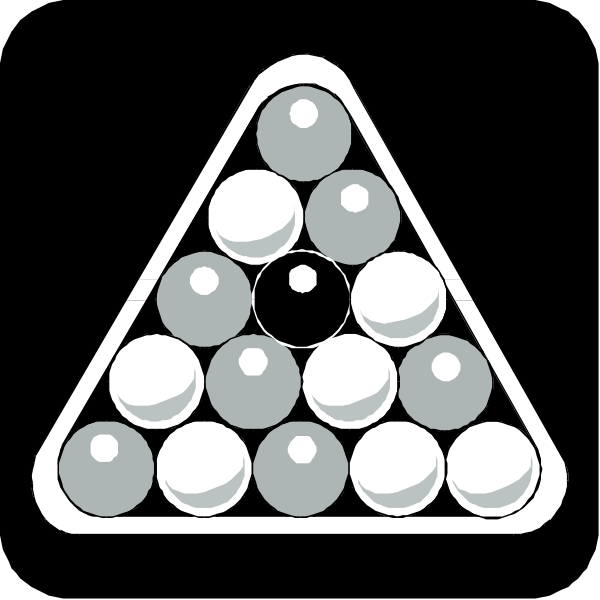 The image shows a black and white illustration of an eight ball pool game with balls arranged around it to form a pyramid shape on top of which is placed one solid colored ball in contrasting color.