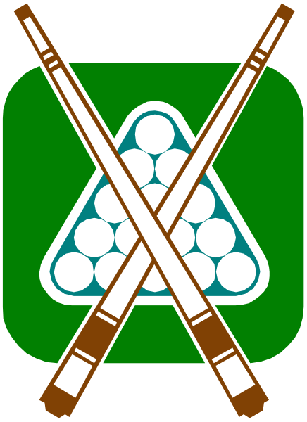 The logo features a green shield with two crossed pool cues on top of it; inside this shield is an illustration depicting three bowling pins in front of which stands a pair of billiard balls, and above these items there's another set of crossing pool sticks forming the shape of a cross.