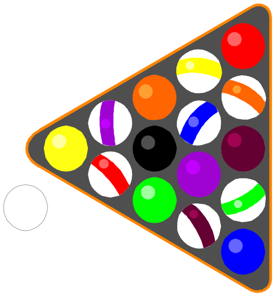 The image shows a colorful darts game with multiple colored balls inside an orange triangle frame on top of what appears to be a black surface.