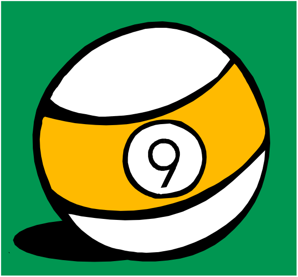 The image shows a cartoon depiction of an orange ball with white stripes on it labeled "9" inside what appears to be a pool pocket.