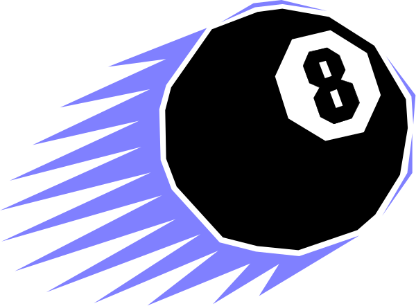 The image shows a black darts with white number eight on it flying towards an eye that is partially visible behind what appears to be blue lightning bolts in front of purple background.
