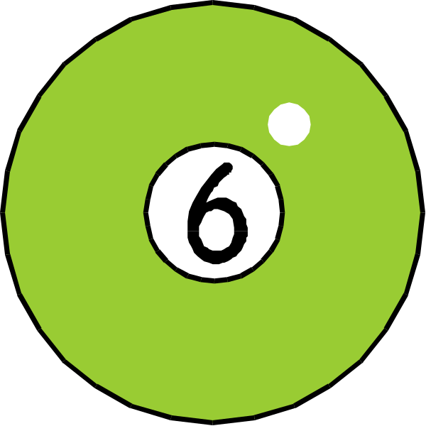 The image shows a green ball with two black dots on it labeled "6" and another smaller circle next to it also marked as 6. There is no other content in this clip-art illustration, which focuses solely on these objects without any additional context or setting provided by the art style itself. It's just an abstract representation of a number six with two dots placed at different positions within its boundary and another smaller circle next to it that also has 6 written inside it. The image does not depict people, animals, actions, nor provide information about any specific location or
