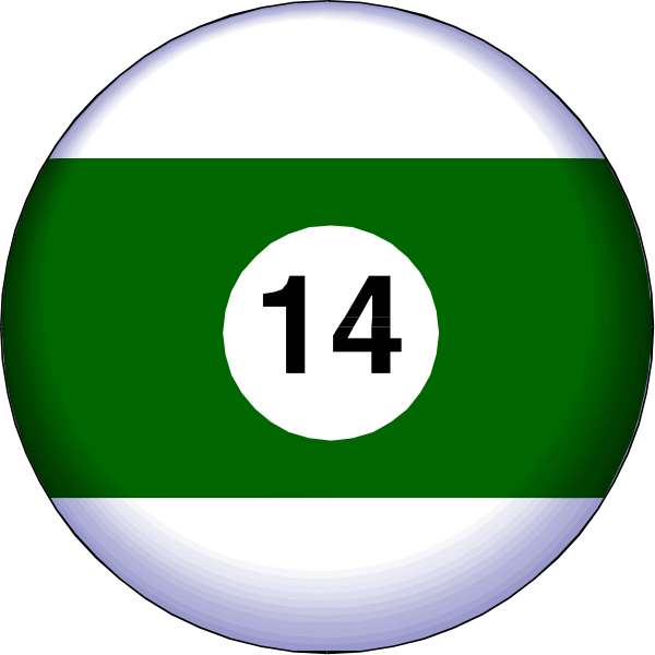 The image shows two pool balls with numbers on them: a white ball marked "14" and another green-striped ball also labeled as number 14 but in red text against a blue background. These appear to be part of an online game, possibly billiards or darts given the context provided by their arrangement within what looks like a virtual environment with two balls on top of each other at different angles and positions relative to one another. The image is small and low resolution, making it difficult to discern finer details about the setting beyond these elements.