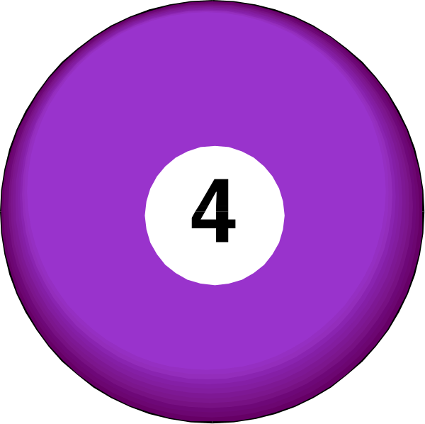 The image shows two purple pool balls with numbers on them: 4 at top left corner of a larger ball that is in focus against a dark background; there's also an out-of-focus smaller ball to its right, and another numbered "1" below it. There are no other objects or actions depicted here. The setting appears to be indoors with the balls on what looks like a pool table surface.