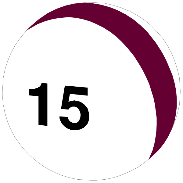 The image shows a closeup of two bingo balls with numbers 15 on them against a dark background. There is also an icon resembling a target in purple at the top right corner.