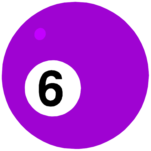 The image shows two purple pool balls with white numbers on them: 6 is visible atop a ball that has been partially obscured by another one in front of it; both have black dots representing their centers, and there's no cue stick or other equipment present to indicate the game. There are also three smaller circles resembling pool balls with white numbers on them: 1 is visible atop a ball that has been partially obscured by another one in front of it; both have black dots representing their centers, and there's no cue stick or other equipment
