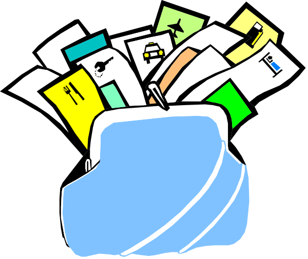The image shows a cartoon of an open briefcase overflowing with various papers that appear to be documents related to travel planning; there's also what looks like a passport peeking out from under some paperwork, and on top is a small blue suitcase icon.