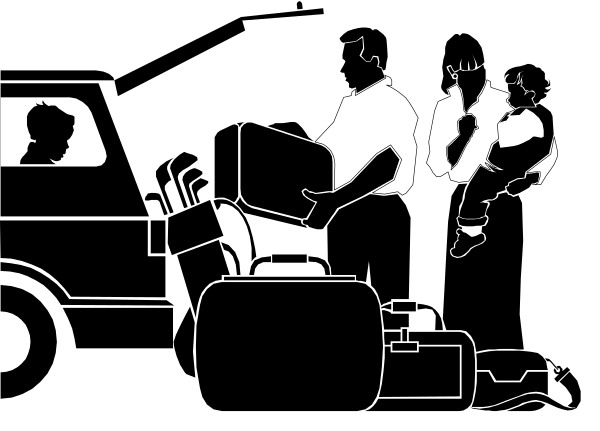 The image shows a black and white photo of three individuals sitting at an event with their backs to each other; there is no text present in this clip-art image.