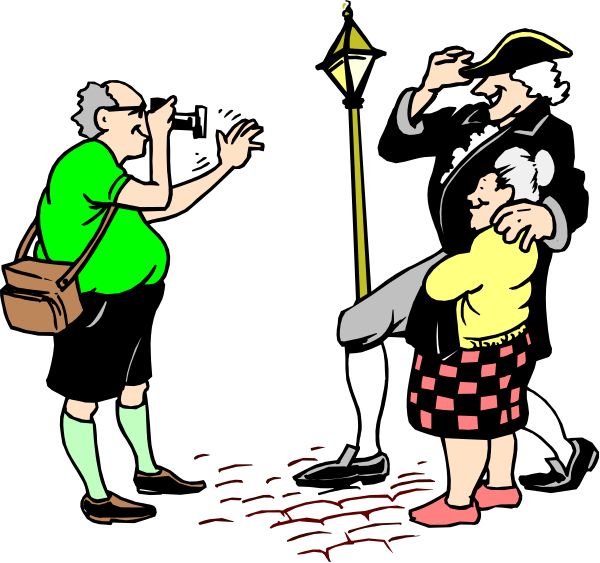 The black and white illustration depicts a man taking photos of two older individuals who appear to be dancing on cobblestones at night under street lamps with one person holding an umbrella.