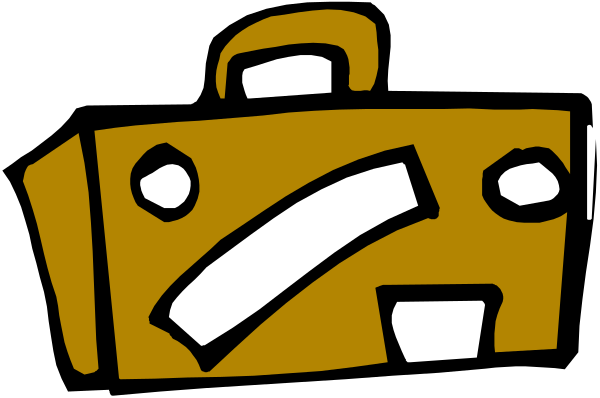 The image shows a cartoon of an open suitcase with two eyes drawn on it to give it character-like features against a black background.