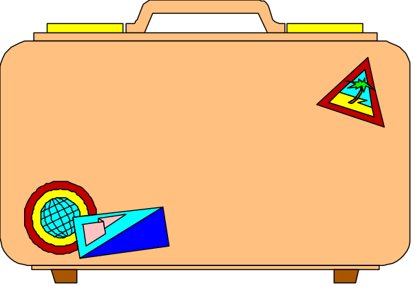 The image shows a cartoon depiction of an open suitcase with various items inside it on what appears to be a gray surface.