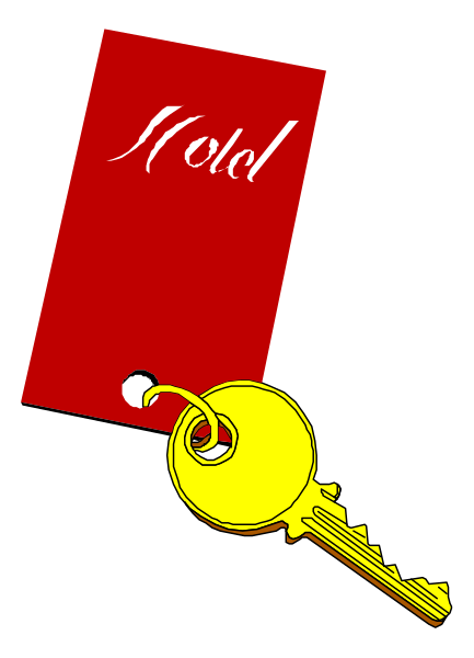 The image shows a red hotel room key card with "MOLD" written on it next to two gold keys lying beside each other against a dark background.