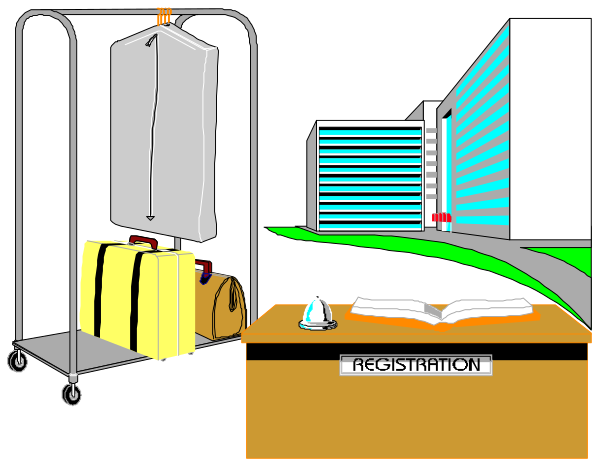 The image shows a cartoon of an office scene with various items such as suitcases on wheels, boxes stacked up high in one corner, a desk labeled "registration," and two people standing near each other at different ends of the room; there is also text that reads "REGISTRATION" above the table.