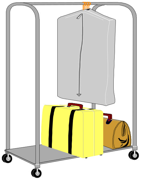 The illustration shows a luggage cart with two suitcases on it being transported by an unseen person through what appears to be a dark room under low light conditions.