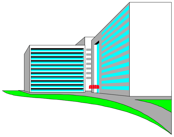 The image shows a black and white illustration of an office building with large windows reflecting light onto its facade at nighttime.
