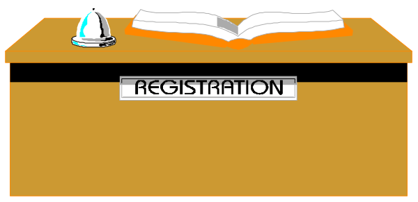 The image shows a desk with an open book on it labeled "registration," indicating that this is likely at some sort of event where attendees need to register for something like tickets or information.