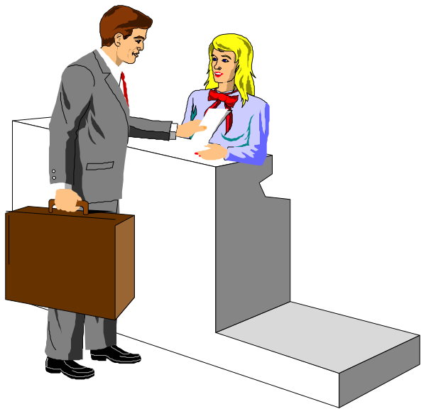 The illustration shows a man standing behind an information desk with two suitcases beside him; he is handing something to another person who appears surprised at receiving it from across the counter in what seems like a hotel lobby, as indicated by the presence of luggage and the attire suggesting travel or business.