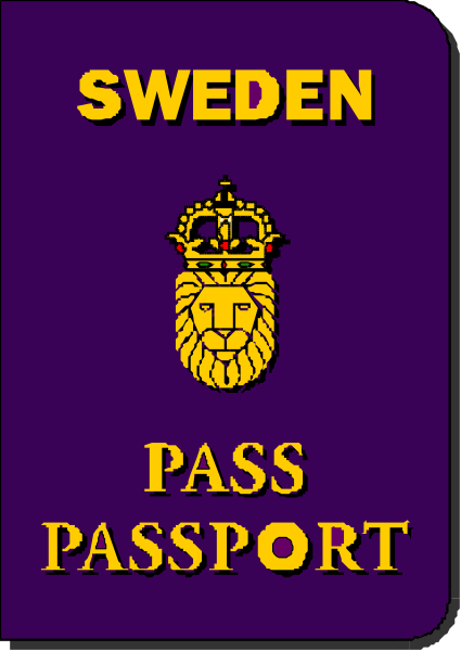 The image shows a purple passport with "SWEDEN" written on it at top left corner, featuring an emblem of Sweden's coat-of-arms in gold coloring next to text that reads "PASS PORT."