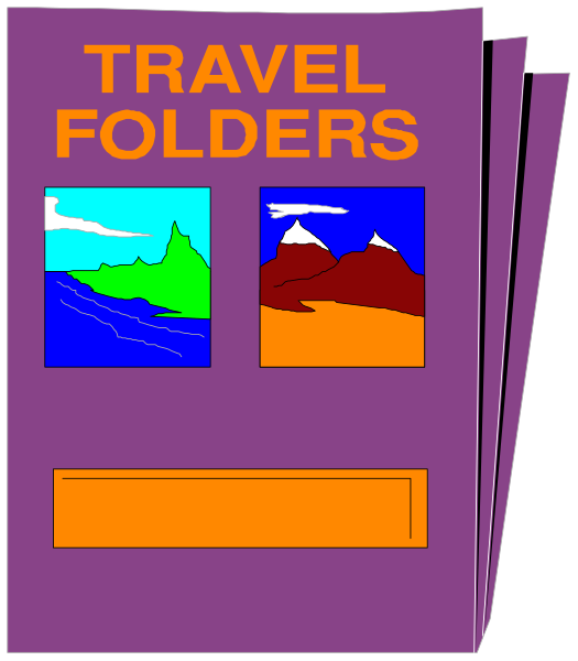 The image shows a collection of travel folders with colorful pictures on them placed next to each other against an orange background.