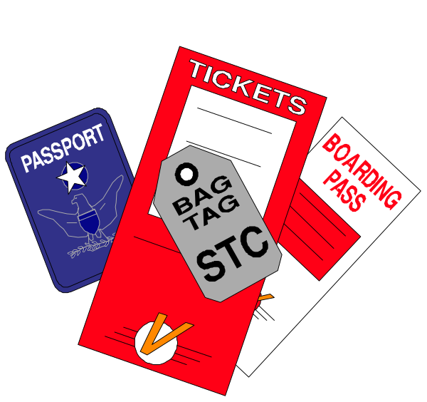 The image shows a collection of travel documents including two tickets with "BOARDING PASS" written on them, an airline ticket labeled "PASSPORT," another tag that says "BAGGAGE TICKET STC," and one more item resembling a luggage claim receipt.
