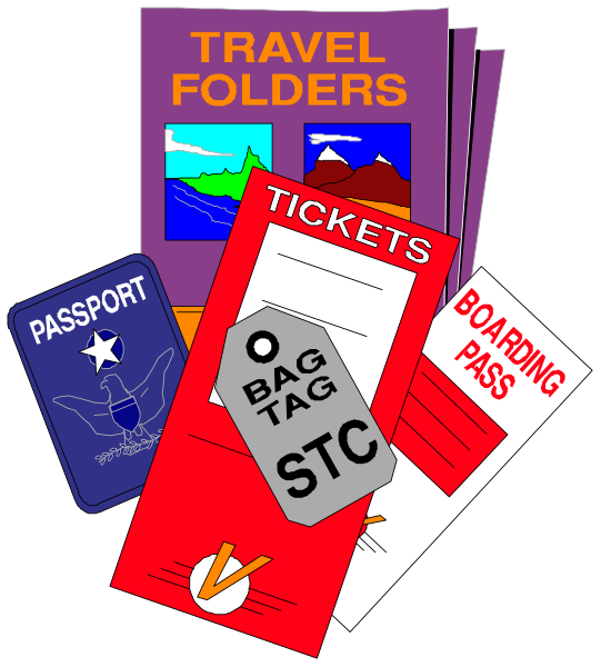 The image shows a collection of travel items including tickets for an airline flight with boarding pass details, luggage tags indicating baggage claim area STC, two folders labeled "TRAVEL FOLDERS," and various other pieces related to traveling such as a ticket stub from the airport showing departure time 09:45 AM. The image is likely meant for educational or informational purposes regarding travel documents needed at an airport. It does not depict any people, animals, actions, or setting beyond these items themselves. There are no texts visible in this clip-art illustration