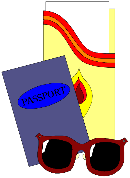 The image shows a passport with "PASSPORT" written on it next to an open booklet that has flames drawn in red ink; above these items is another item resembling glasses with sunglasses arms, and below them appears to be a ticket or card labeled "TRIP TICKET."