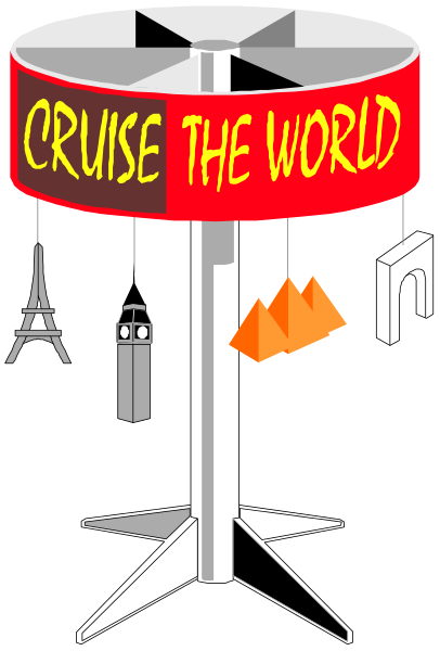 The image shows a cartoon of an umbrella stand with various items on it: "Cruise the World" signage atop; below that is a red wheel-shaped object labeled 'Wheel'; to its left, there's a small airplane and two triangular flags.