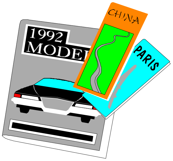 The image shows a collection of travel memorabilia including two postcards with different destinations: "1982 China" on one side featuring an iconic landmark like the Great Wall, and another for Paris showing its famous Eiffel Tower; in between these cards is a small car model.