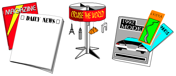 The image shows a collection of newspaper headlines with various topics such as "Cruise the world," "Daily news," "Modern living" on what appears to be an old-fashioned rotary phone, and other items that resemble vintage media or technology like books, magazines, and possibly a radio.
