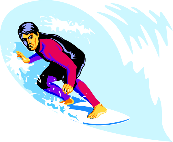 The image shows a cartoon of two surfers riding waves on surfboards with their arms outstretched for balance; both characters have short hair and appear to be in motion against an ocean backdrop featuring blue water, white foamy wave caps, and darker shades representing deeper waters or the horizon.
