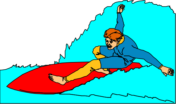 The image shows a cartoon of an animated character surfing on top of waves with their arms outstretched for balance in what appears to be oceanic water under clear skies.