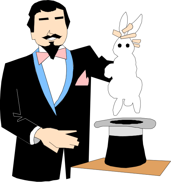 The cartoon shows a man standing behind an open top hat filled with coins on what appears to be a stage set for magic tricks; he is holding out his hand towards it as if offering money into the pot, and there's a rabbit in front of him that seems to have been pulled from or will go into this magical container.