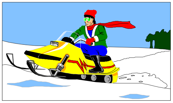 The picture shows a person on an all terrain vehicle (ATV) riding through snow with trees around them; it's in color.