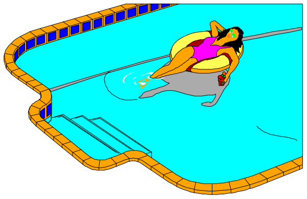 The image shows a cartoon of an indoor swimming pool with two characters: on top is a woman lying down wearing goggles; below her floats another character who appears to be holding onto something while in water, possibly playing around.