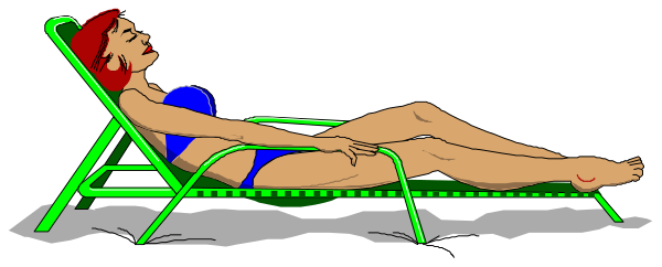 The image shows a woman lying on her stomach on an outdoor lounge chair with green cushions under what appears to be sunny weather conditions.