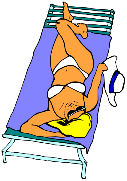 The illustration shows a woman lying on her stomach with only her head visible above an open umbrella that is providing shade for herself while she lays in bed. She appears to be wearing bikini bottoms and has blonde hair, but no face or upper body are shown due to the angle of view from which this image was taken.