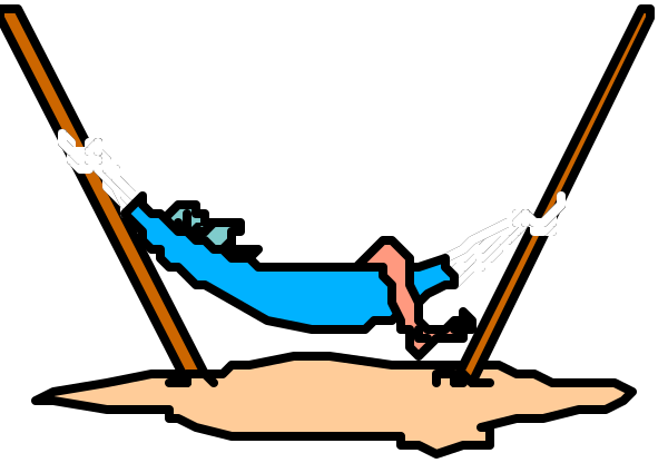 The image shows a cartoon of an outdoor scene with two hammocks hanging from trees; there is no text present in this clip-art illustration.