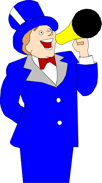 The image shows a cartoon of an entertainer dressed as Uncle Sam with top hat holding trumpet to mouth standing behind blue curtain in front of black background.