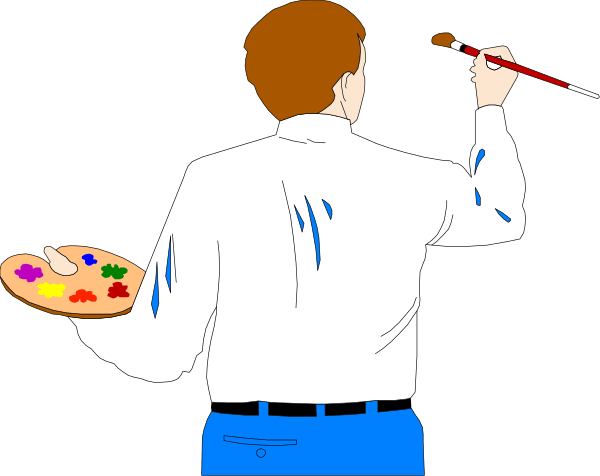 The image shows a man painting with his hands on easels while holding paintbrushes; he is wearing blue jeans and has brown hair.
