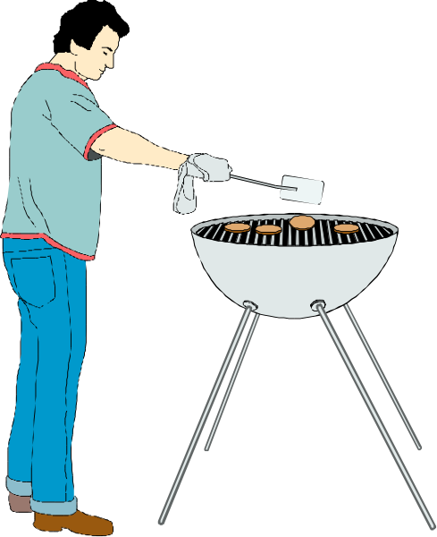 The illustration shows a man standing next to an outdoor grill with food on it; he is wearing blue jeans and holding tongs in his hand while looking at something off-frame.