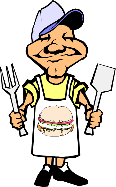 The cartoon depicts a chef holding two hamburgers with different toppings on them while wearing an apron; he is standing in front of what appears to be his restaurant's signage, which includes another burger and utensils like forks and knives.