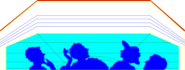The image shows a group of cartoon characters inside an indoor swimming pool with blue water under what appears to be a glass ceiling that has white lines on it.