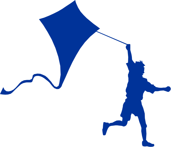 The image shows a person flying a blue kite with an attached tail against a dark background; there is no text present in this clip-art illustration.