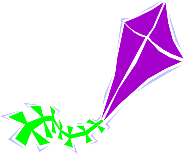 The image shows a purple kite with green text on it flying against an indistinct background at nighttime.